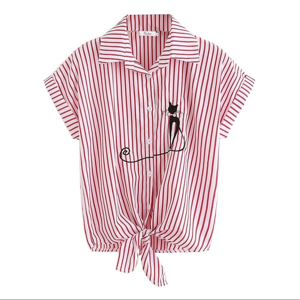 ROSHOP Size XL Pink Red Tie-Front Button Up Top Black Cat Patch Embroidery